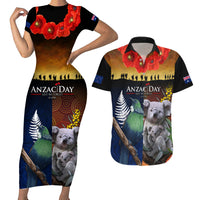 Australia and New Zealand ANZAC Day Couples Matching Short Sleeve Bodycon Dress and Hawaiian Shirt Tui Bird and Koala mix Maori and Aboriginal Pattern LT03 Black - Polynesian Pride