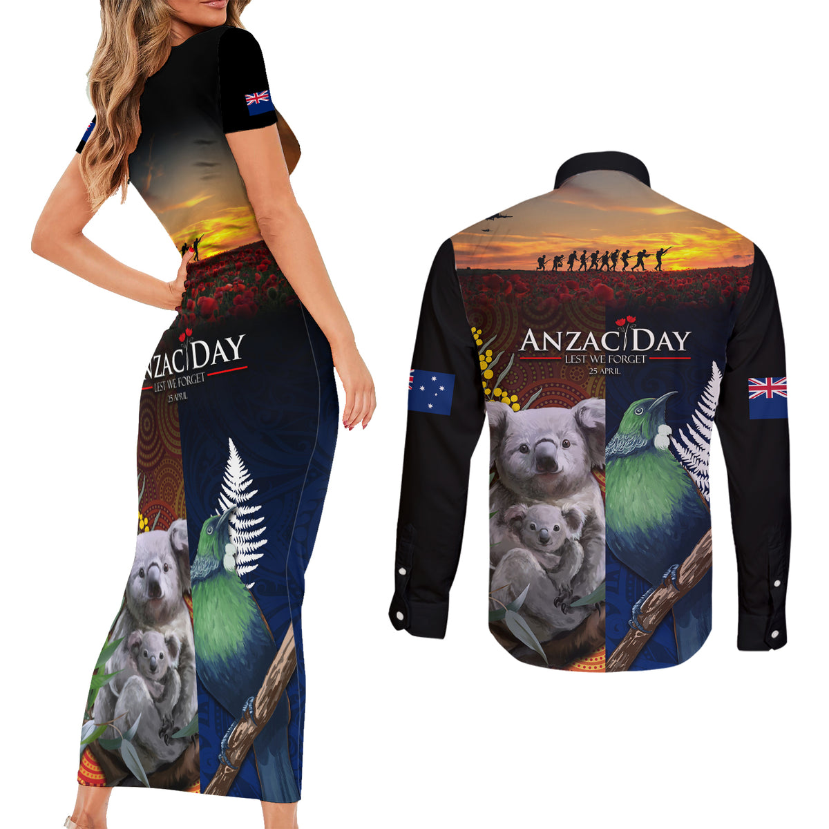 Australia and New Zealand ANZAC Day Couples Matching Short Sleeve Bodycon Dress and Long Sleeve Button Shirt Tui Bird and Koala mix Maori and Aboriginal Pattern LT03 - Polynesian Pride