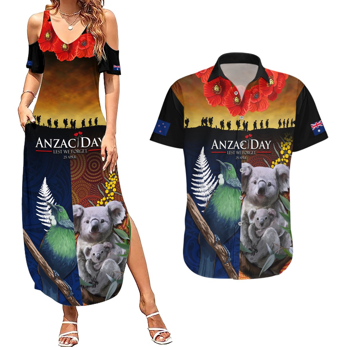 Australia and New Zealand ANZAC Day Couples Matching Summer Maxi Dress and Hawaiian Shirt Tui Bird and Koala mix Maori and Aboriginal Pattern LT03 Black - Polynesian Pride