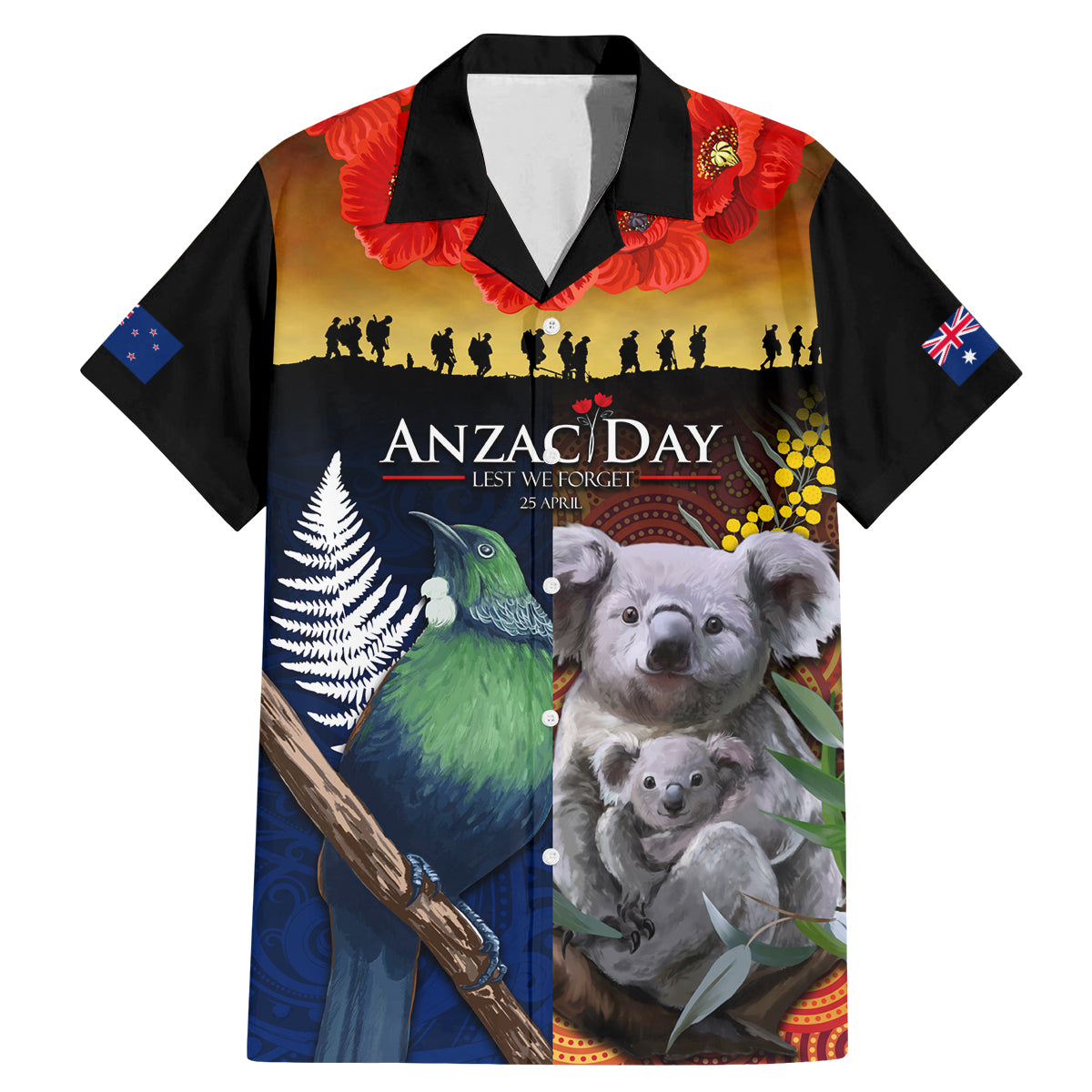 Australia and New Zealand ANZAC Day Family Matching Mermaid Dress and Hawaiian Shirt Tui Bird and Koala mix Maori and Aboriginal Pattern LT03 Dad's Shirt - Short Sleeve Black - Polynesian Pride