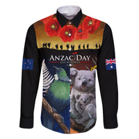 Australia and New Zealand ANZAC Day Family Matching Mermaid Dress and Hawaiian Shirt Tui Bird and Koala mix Maori and Aboriginal Pattern LT03 Dad's Shirt - Long Sleeve Black - Polynesian Pride