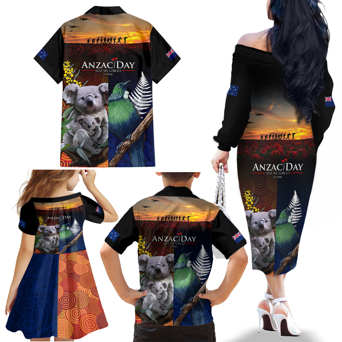 Australia and New Zealand ANZAC Day Family Matching Off The Shoulder Long Sleeve Dress and Hawaiian Shirt Tui Bird and Koala mix Maori and Aboriginal Pattern LT03 - Polynesian Pride