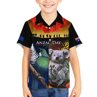 Australia and New Zealand ANZAC Day Family Matching Off Shoulder Short Dress and Hawaiian Shirt Tui Bird and Koala mix Maori and Aboriginal Pattern LT03 Son's Shirt Black - Polynesian Pride