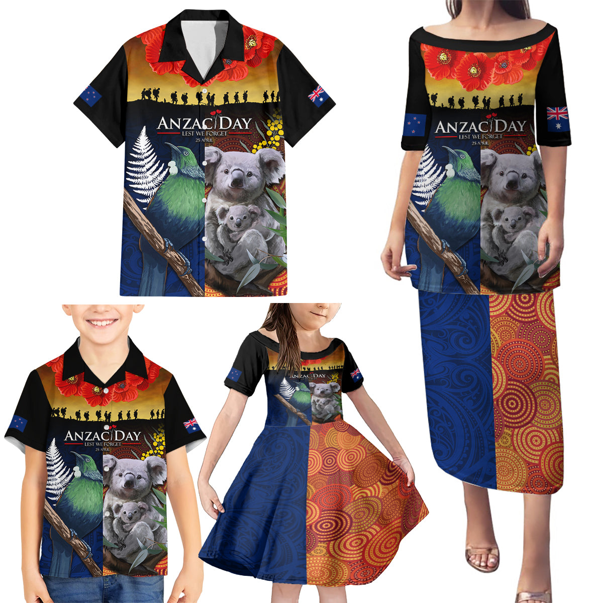 Australia and New Zealand ANZAC Day Family Matching Puletasi and Hawaiian Shirt Tui Bird and Koala mix Maori and Aboriginal Pattern LT03 - Polynesian Pride