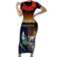 Australia and New Zealand ANZAC Day Family Matching Short Sleeve Bodycon Dress and Hawaiian Shirt Tui Bird and Koala mix Maori and Aboriginal Pattern LT03 Mom's Dress Black - Polynesian Pride