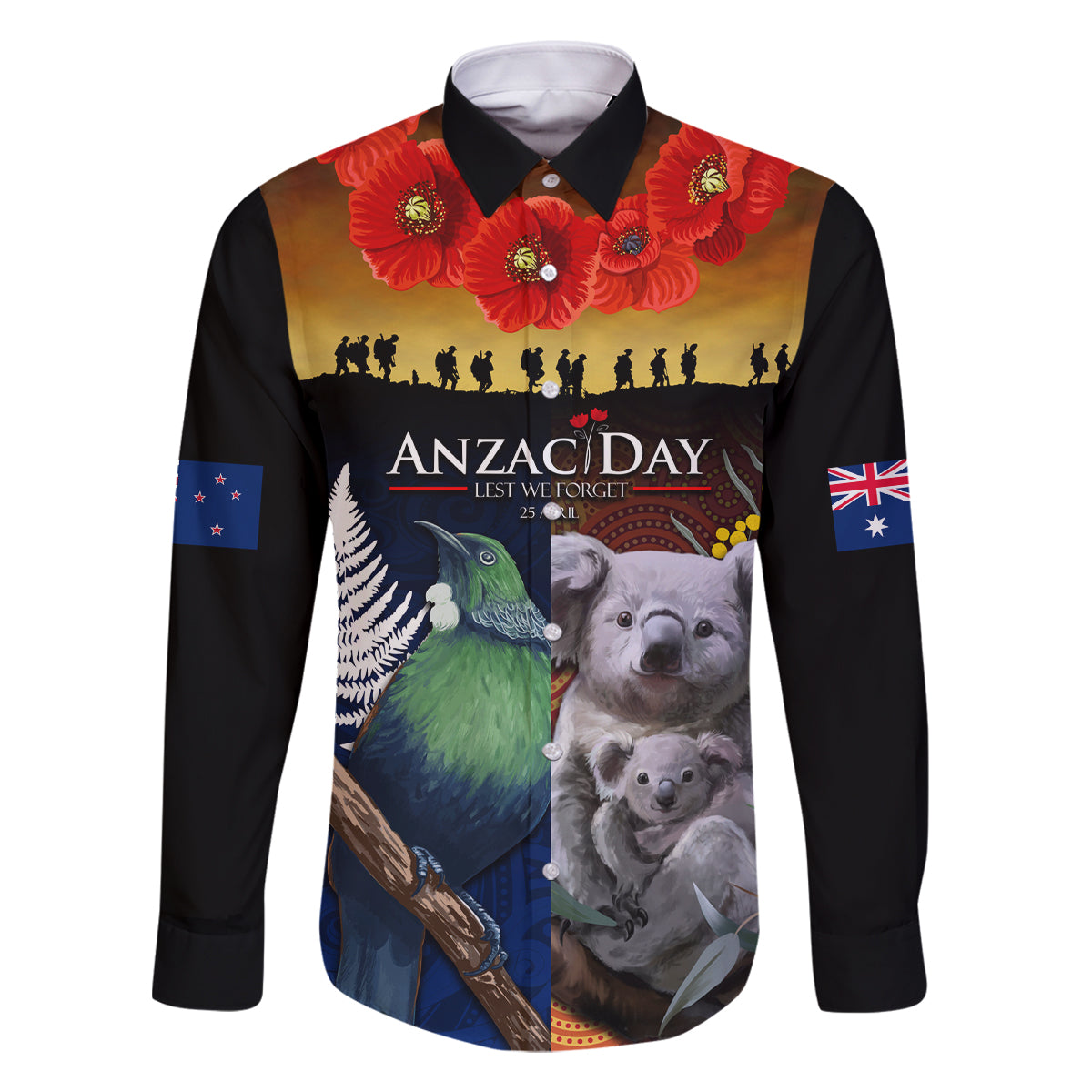 Australia and New Zealand ANZAC Day Family Matching Summer Maxi Dress and Hawaiian Shirt Tui Bird and Koala mix Maori and Aboriginal Pattern LT03 Dad's Shirt - Long Sleeve Black - Polynesian Pride