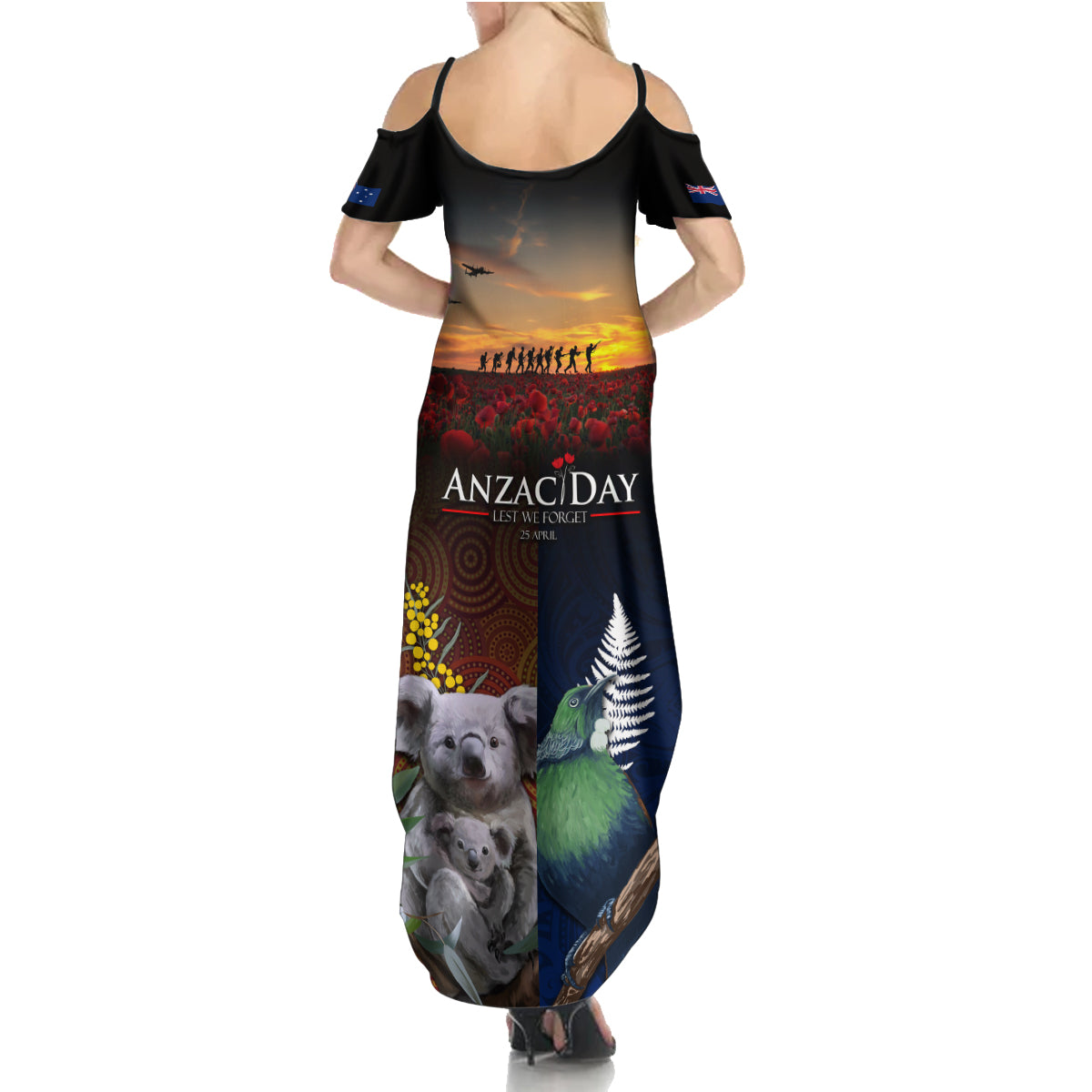 Australia and New Zealand ANZAC Day Family Matching Summer Maxi Dress and Hawaiian Shirt Tui Bird and Koala mix Maori and Aboriginal Pattern LT03 - Polynesian Pride