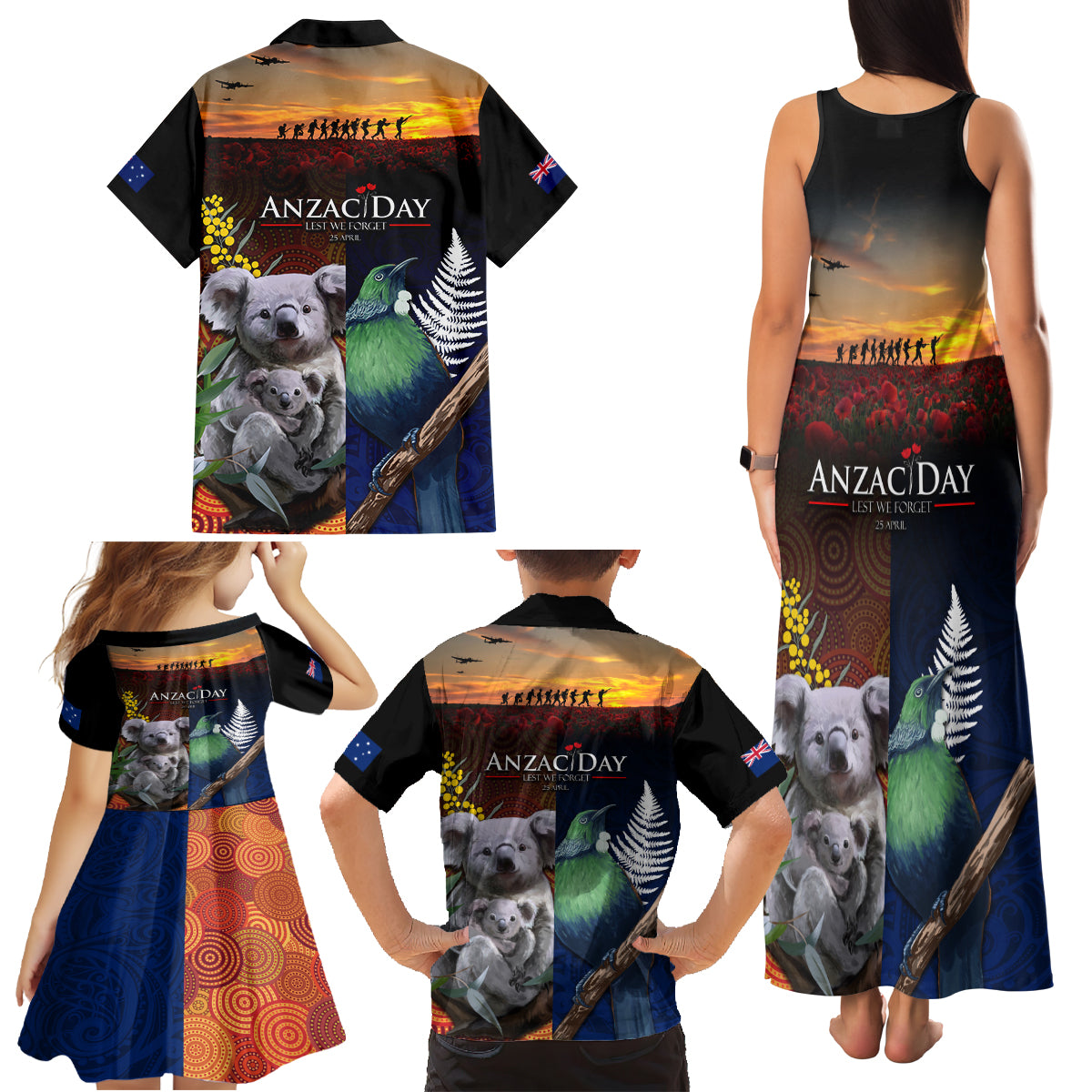 Australia and New Zealand ANZAC Day Family Matching Tank Maxi Dress and Hawaiian Shirt Tui Bird and Koala mix Maori and Aboriginal Pattern LT03 - Polynesian Pride