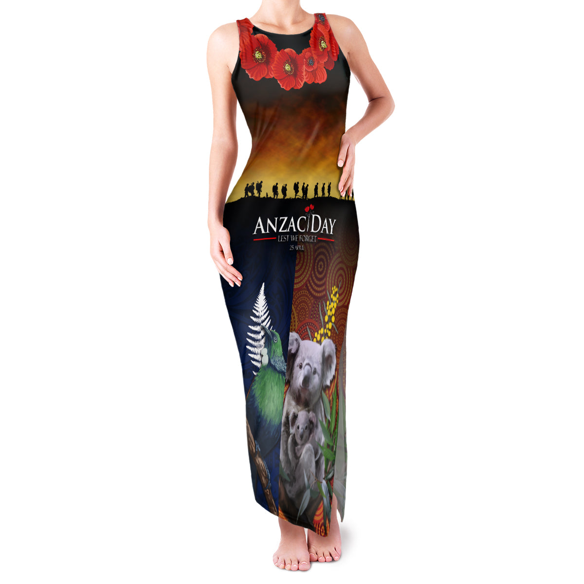Australia and New Zealand ANZAC Day Family Matching Tank Maxi Dress and Hawaiian Shirt Tui Bird and Koala mix Maori and Aboriginal Pattern LT03 Mom's Dress Black - Polynesian Pride