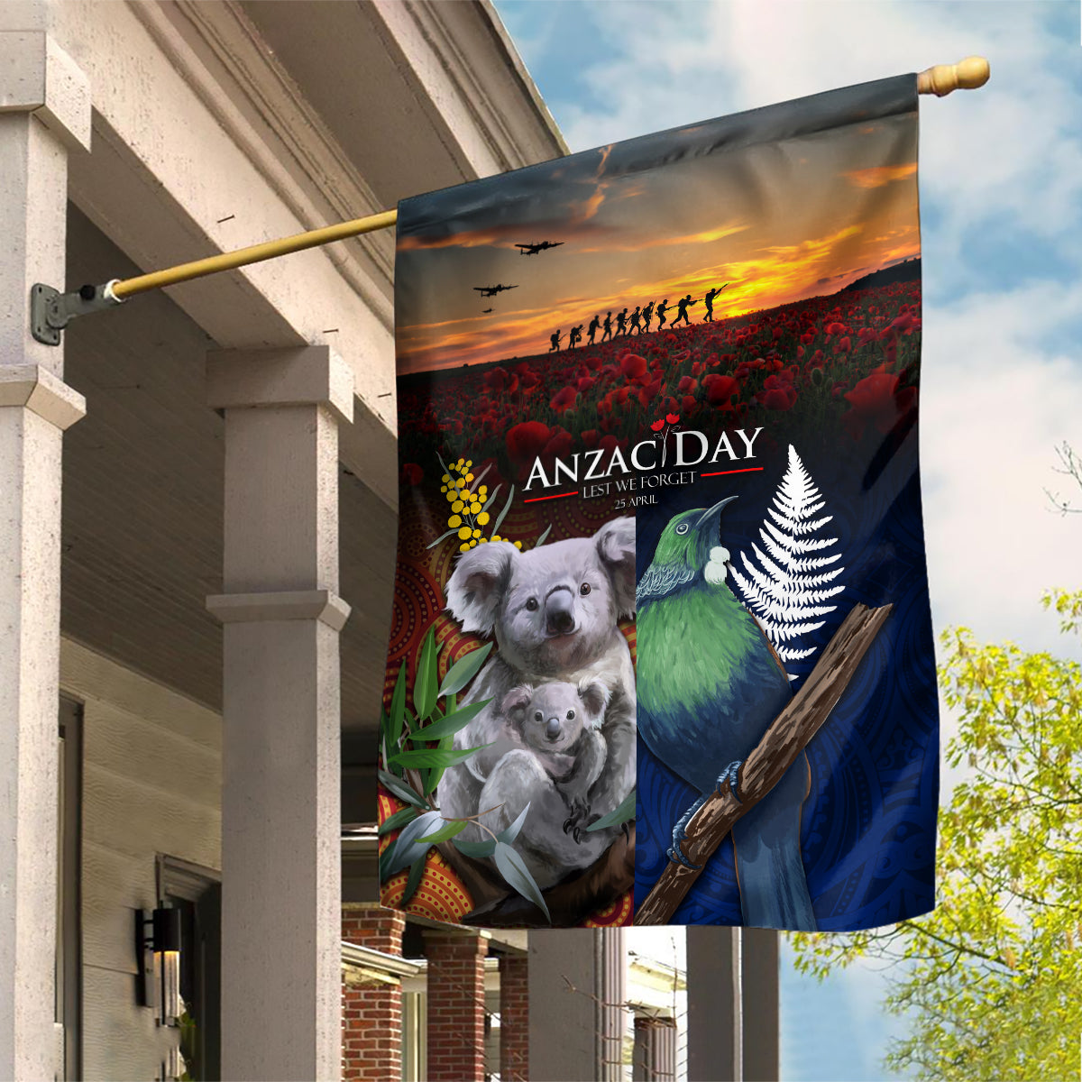 Australia and New Zealand ANZAC Day Garden Flag Tui Bird and Koala mix Maori and Aboriginal Pattern LT03 House Flag Black - Polynesian Pride