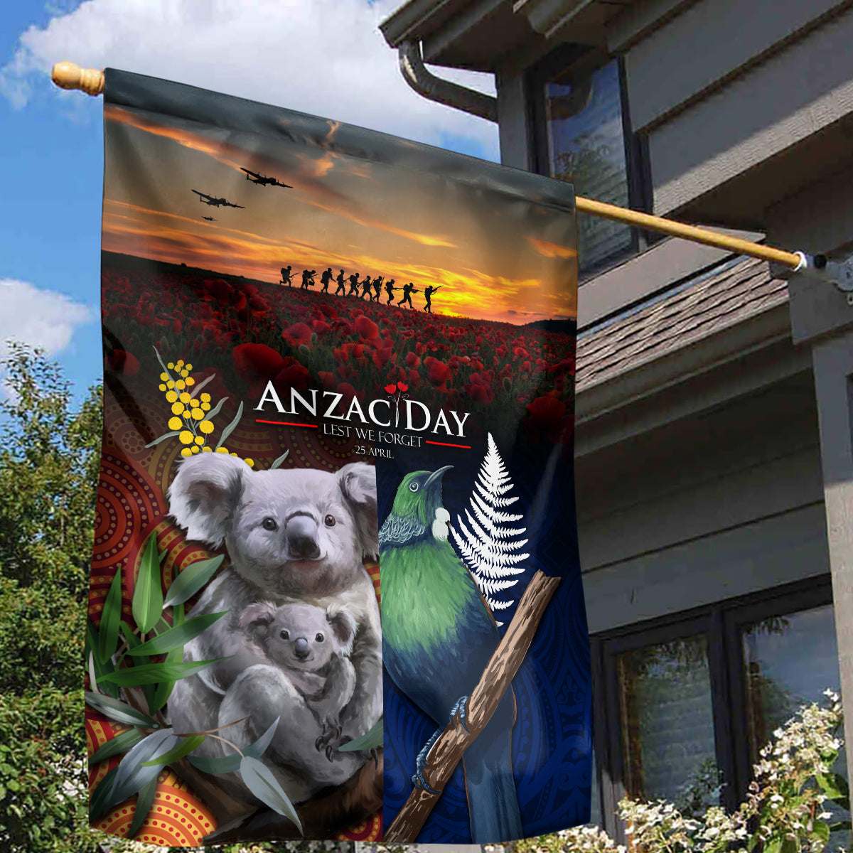 Australia and New Zealand ANZAC Day Garden Flag Tui Bird and Koala mix Maori and Aboriginal Pattern LT03 - Polynesian Pride