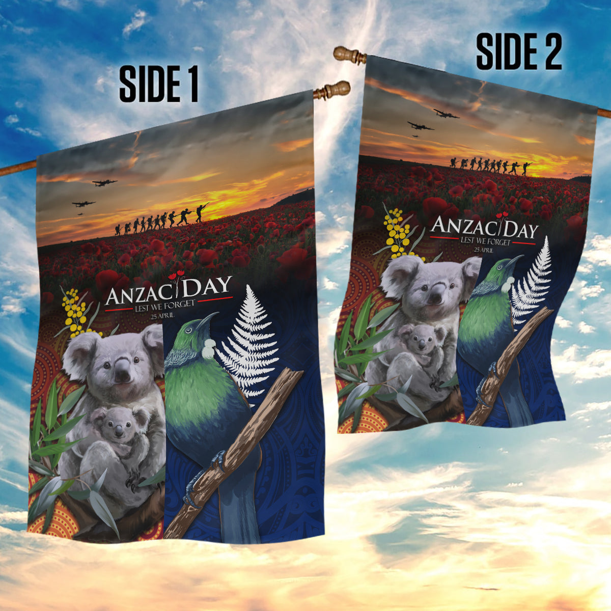 Australia and New Zealand ANZAC Day Garden Flag Tui Bird and Koala mix Maori and Aboriginal Pattern LT03 - Polynesian Pride