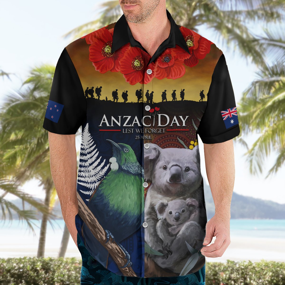 Australia and New Zealand ANZAC Day Hawaiian Shirt Tui Bird and Koala mix Maori and Aboriginal Pattern LT03 - Polynesian Pride