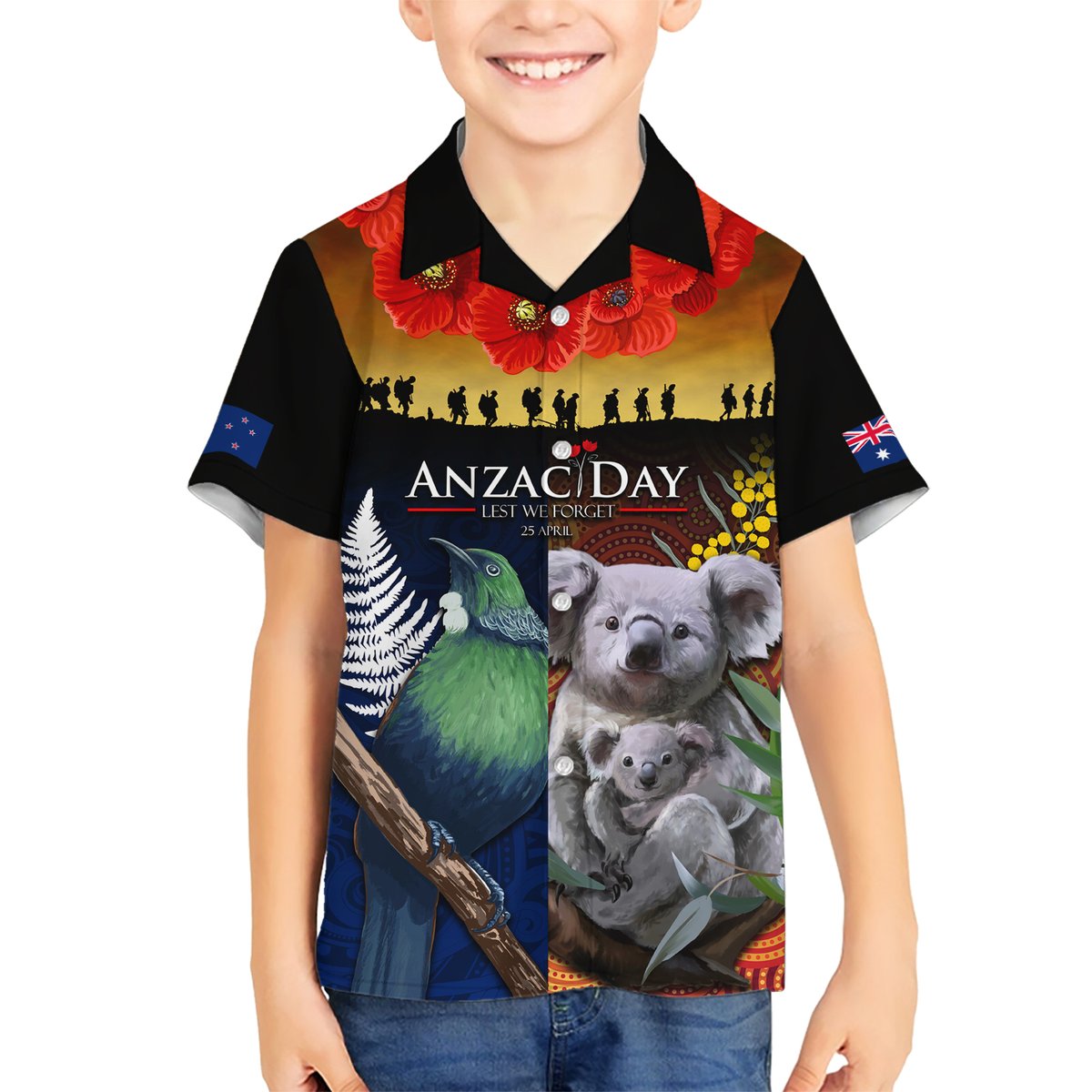 Australia and New Zealand ANZAC Day Hawaiian Shirt Tui Bird and Koala mix Maori and Aboriginal Pattern LT03 - Polynesian Pride