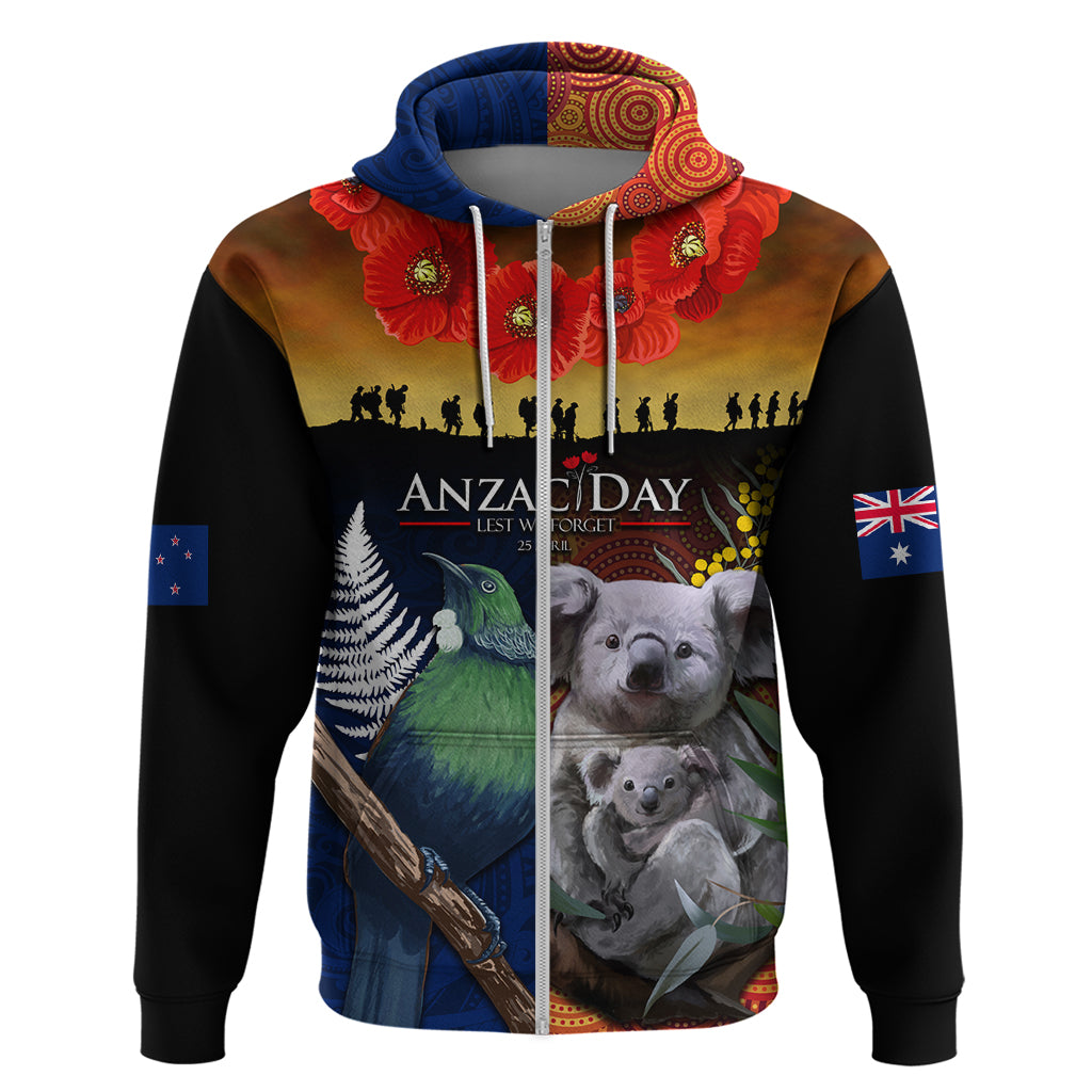 Australia and New Zealand ANZAC Day Hoodie Tui Bird and Koala mix Maori and Aboriginal Pattern LT03 Zip Hoodie Black - Polynesian Pride