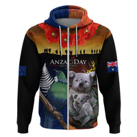Australia and New Zealand ANZAC Day Hoodie Tui Bird and Koala mix Maori and Aboriginal Pattern LT03 Zip Hoodie Black - Polynesian Pride