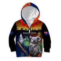 Australia and New Zealand ANZAC Day Kid Hoodie Tui Bird and Koala mix Maori and Aboriginal Pattern LT03 Zip Hoodie Black - Polynesian Pride