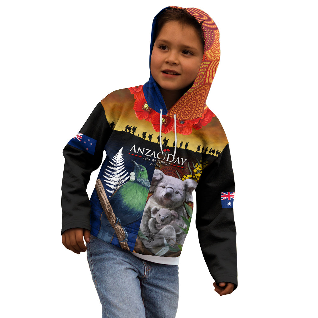 Australia and New Zealand ANZAC Day Kid Hoodie Tui Bird and Koala mix Maori and Aboriginal Pattern LT03 - Polynesian Pride