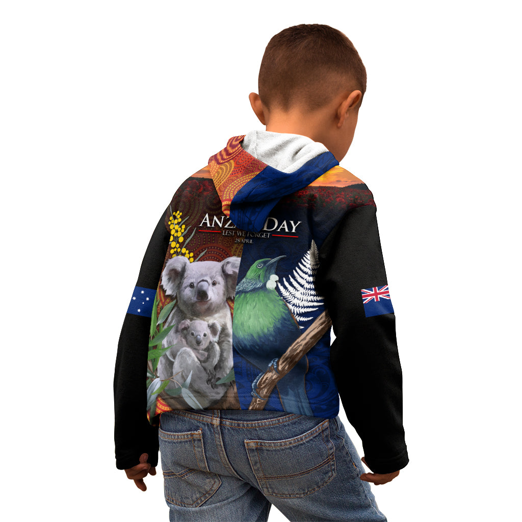 Australia and New Zealand ANZAC Day Kid Hoodie Tui Bird and Koala mix Maori and Aboriginal Pattern LT03 - Polynesian Pride