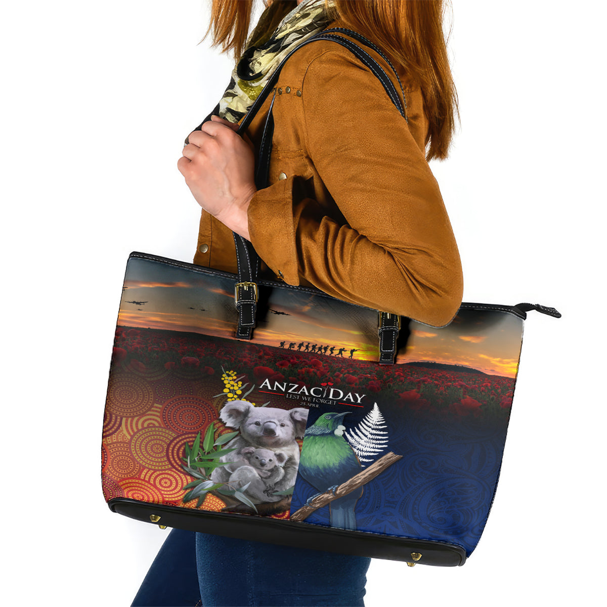 Australia and New Zealand ANZAC Day Leather Tote Bag Tui Bird and Koala mix Maori and Aboriginal Pattern LT03 Black - Polynesian Pride