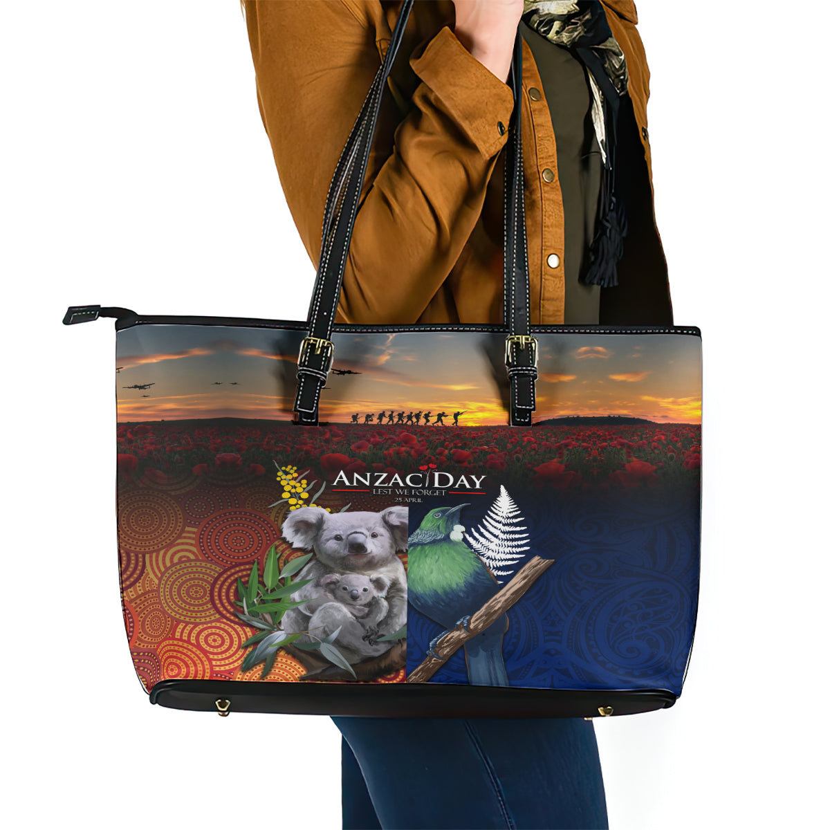 Australia and New Zealand ANZAC Day Leather Tote Bag Tui Bird and Koala mix Maori and Aboriginal Pattern LT03 - Polynesian Pride
