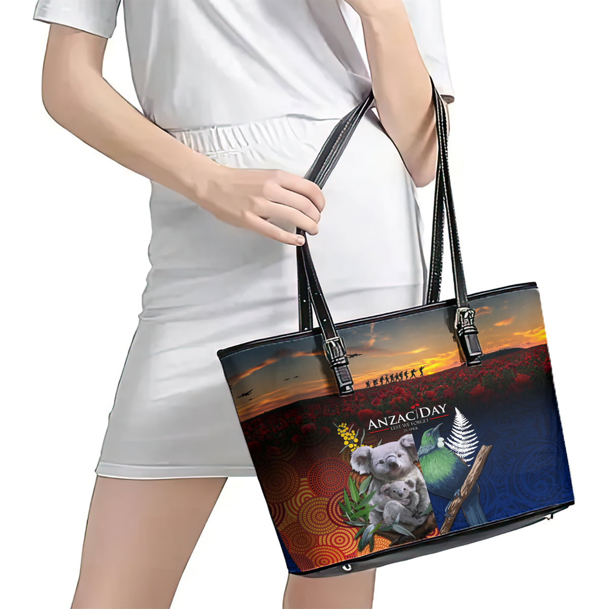 Australia and New Zealand ANZAC Day Leather Tote Bag Tui Bird and Koala mix Maori and Aboriginal Pattern LT03 - Polynesian Pride