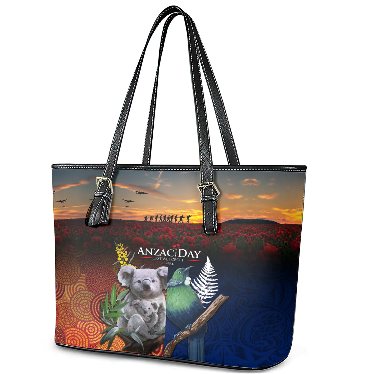 Australia and New Zealand ANZAC Day Leather Tote Bag Tui Bird and Koala mix Maori and Aboriginal Pattern LT03 - Polynesian Pride
