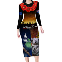 Australia and New Zealand ANZAC Day Long Sleeve Bodycon Dress Tui Bird and Koala mix Maori and Aboriginal Pattern LT03 Long Dress Black - Polynesian Pride