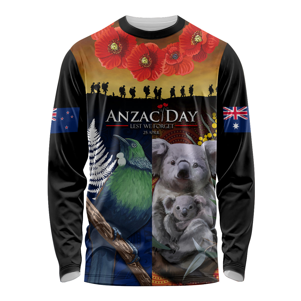 Australia and New Zealand ANZAC Day Long Sleeve Shirt Tui Bird and Koala mix Maori and Aboriginal Pattern LT03 Unisex Black - Polynesian Pride
