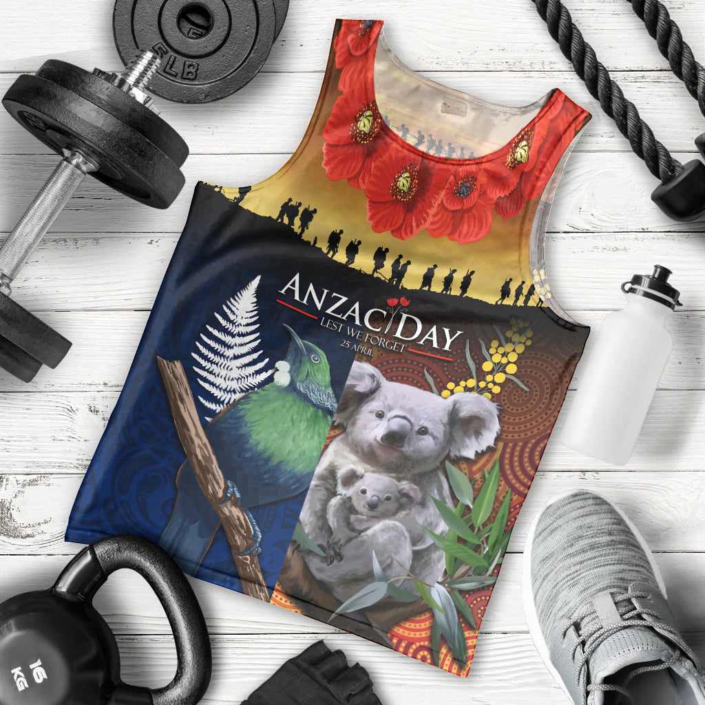 Australia and New Zealand ANZAC Day Men Tank Top Tui Bird and Koala mix Maori and Aboriginal Pattern LT03 - Polynesian Pride