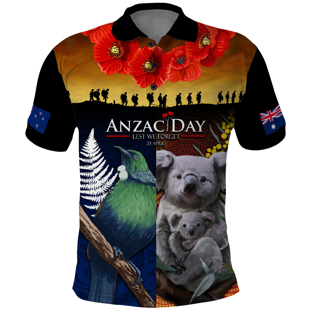 Australia and New Zealand ANZAC Day Polo Shirt Tui Bird and Koala mix Maori and Aboriginal Pattern LT03 Black - Polynesian Pride