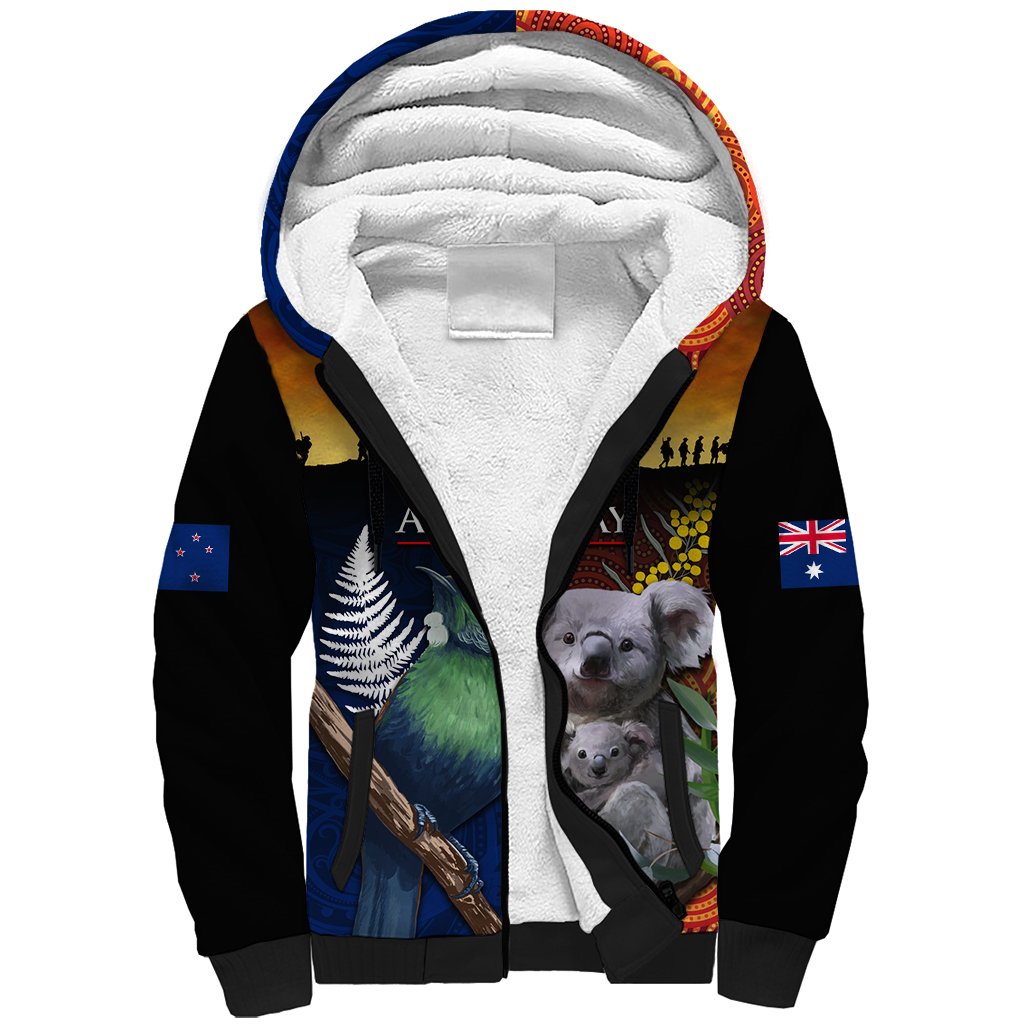 Australia and New Zealand ANZAC Day Sherpa Hoodie Tui Bird and Koala mix Maori and Aboriginal Pattern LT03 Unisex Black - Polynesian Pride
