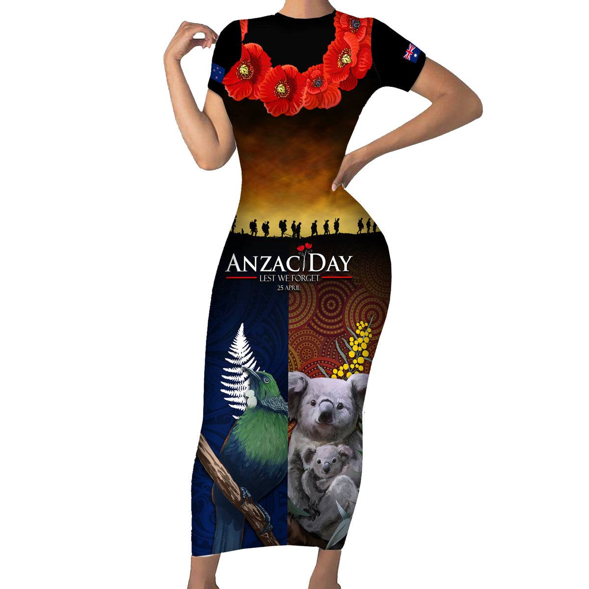 Australia and New Zealand ANZAC Day Short Sleeve Bodycon Dress Tui Bird and Koala mix Maori and Aboriginal Pattern LT03 Long Dress Black - Polynesian Pride