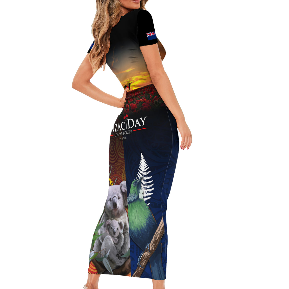Australia and New Zealand ANZAC Day Short Sleeve Bodycon Dress Tui Bird and Koala mix Maori and Aboriginal Pattern LT03 - Polynesian Pride