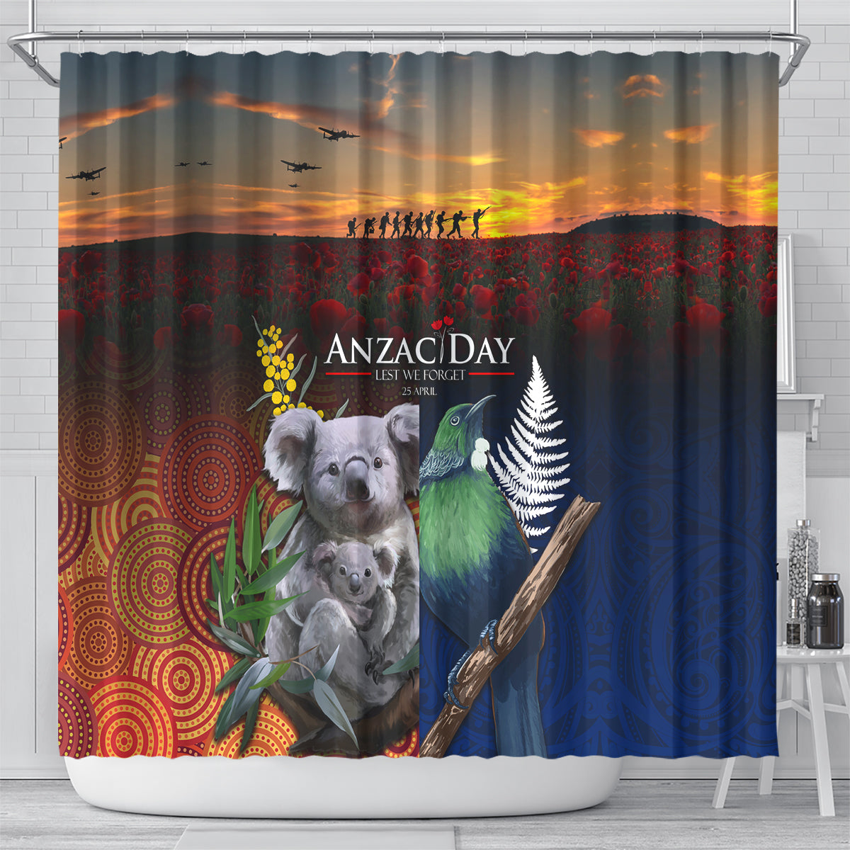 Australia and New Zealand ANZAC Day Shower Curtain Tui Bird and Koala mix Maori and Aboriginal Pattern LT03 - Polynesian Pride