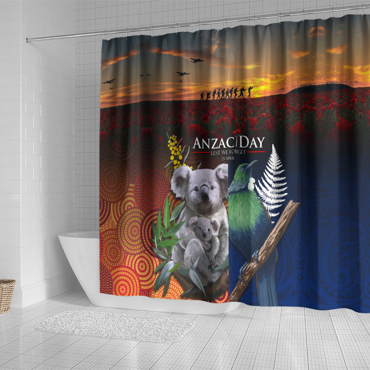 Australia and New Zealand ANZAC Day Shower Curtain Tui Bird and Koala mix Maori and Aboriginal Pattern LT03 - Polynesian Pride