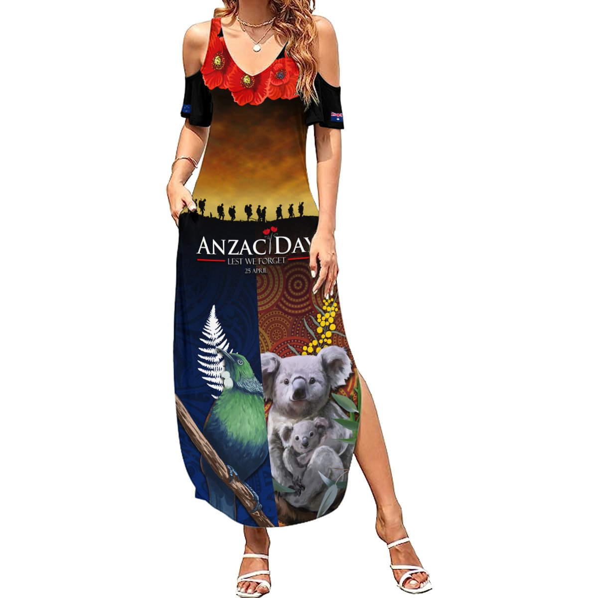 Australia and New Zealand ANZAC Day Summer Maxi Dress Tui Bird and Koala mix Maori and Aboriginal Pattern LT03 Women Black - Polynesian Pride