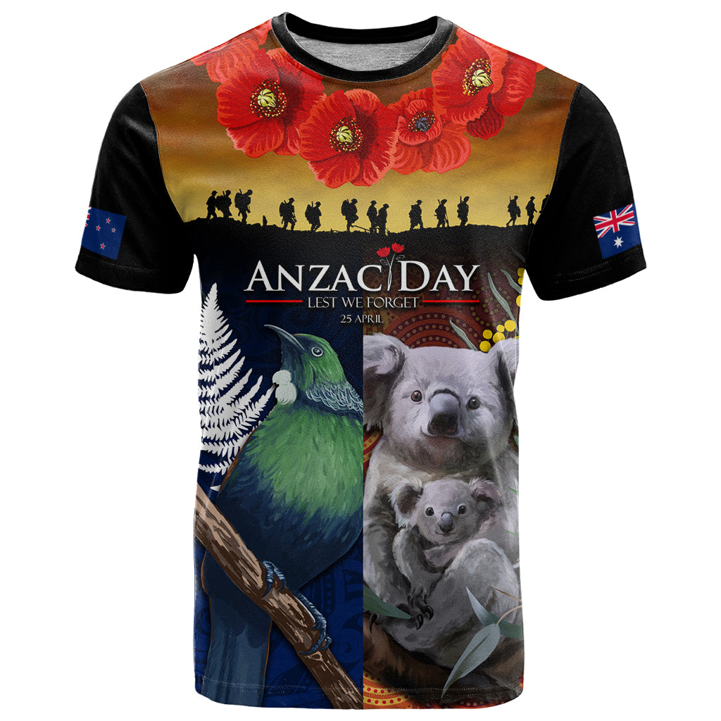Australia and New Zealand ANZAC Day T Shirt Tui Bird and Koala mix Maori and Aboriginal Pattern LT03 Black - Polynesian Pride