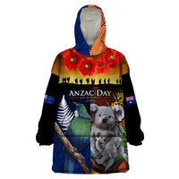 Australia and New Zealand ANZAC Day Wearable Blanket Hoodie Tui Bird and Koala mix Maori and Aboriginal Pattern LT03 One Size Black - Polynesian Pride