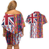 Hawaiian Lei Couples Matching Off Shoulder Short Dress and Hawaiian Shirt National Flag Striped Style