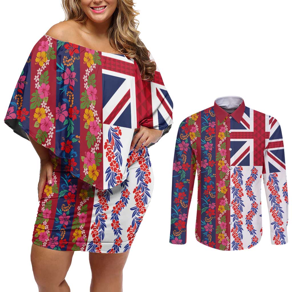 Hawaiian Lei Couples Matching Off Shoulder Short Dress and Long Sleeve Button Shirt National Flag Striped Style