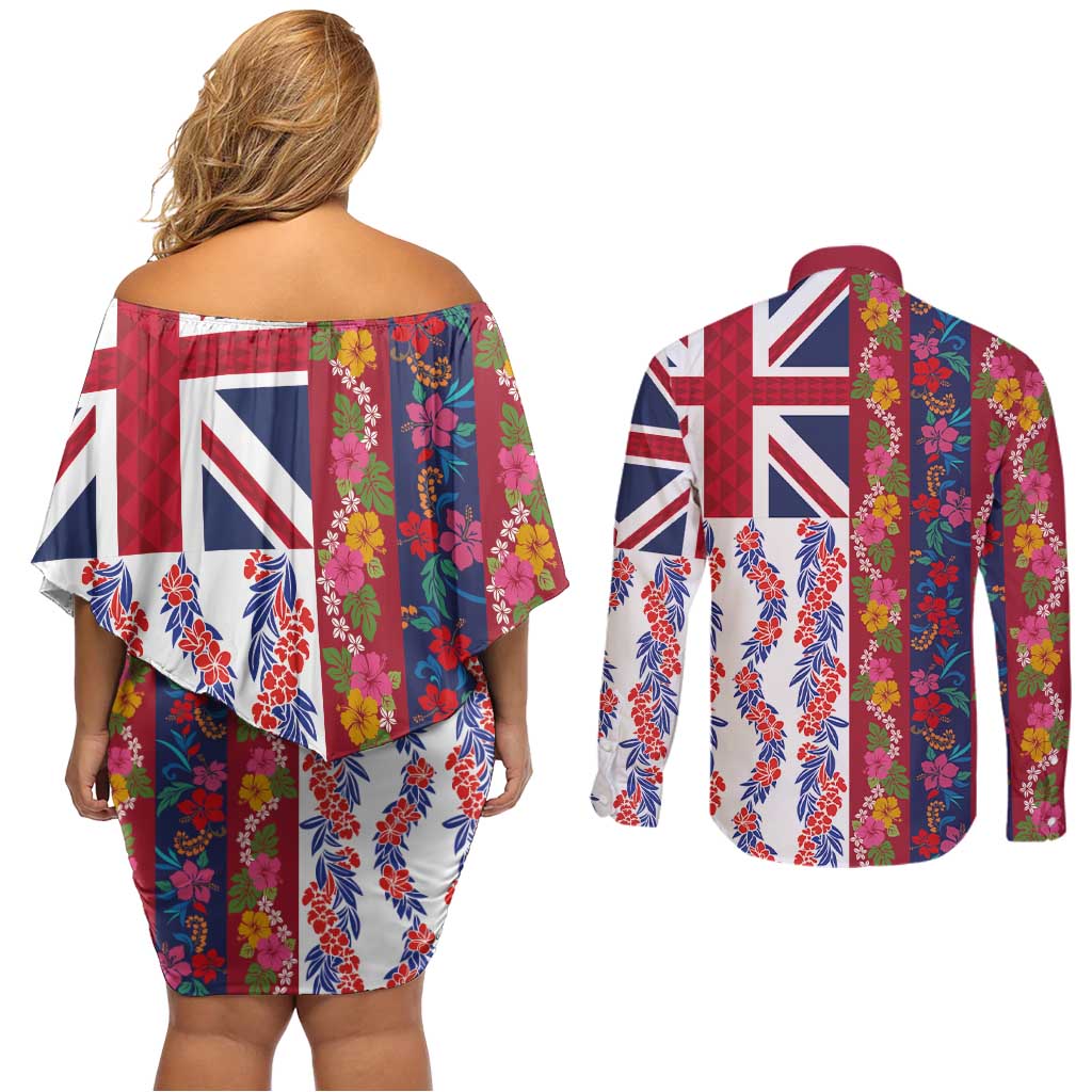 Hawaiian Lei Couples Matching Off Shoulder Short Dress and Long Sleeve Button Shirt National Flag Striped Style