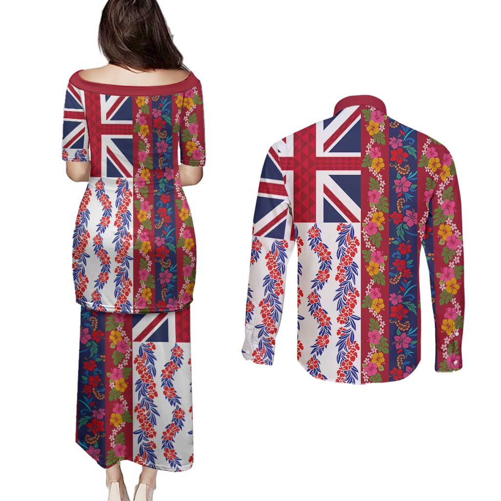 Hawaiian Lei Couples Matching Puletasi and Long Sleeve Button Shirt National Flag Striped Style LT03 - Polynesian Pride