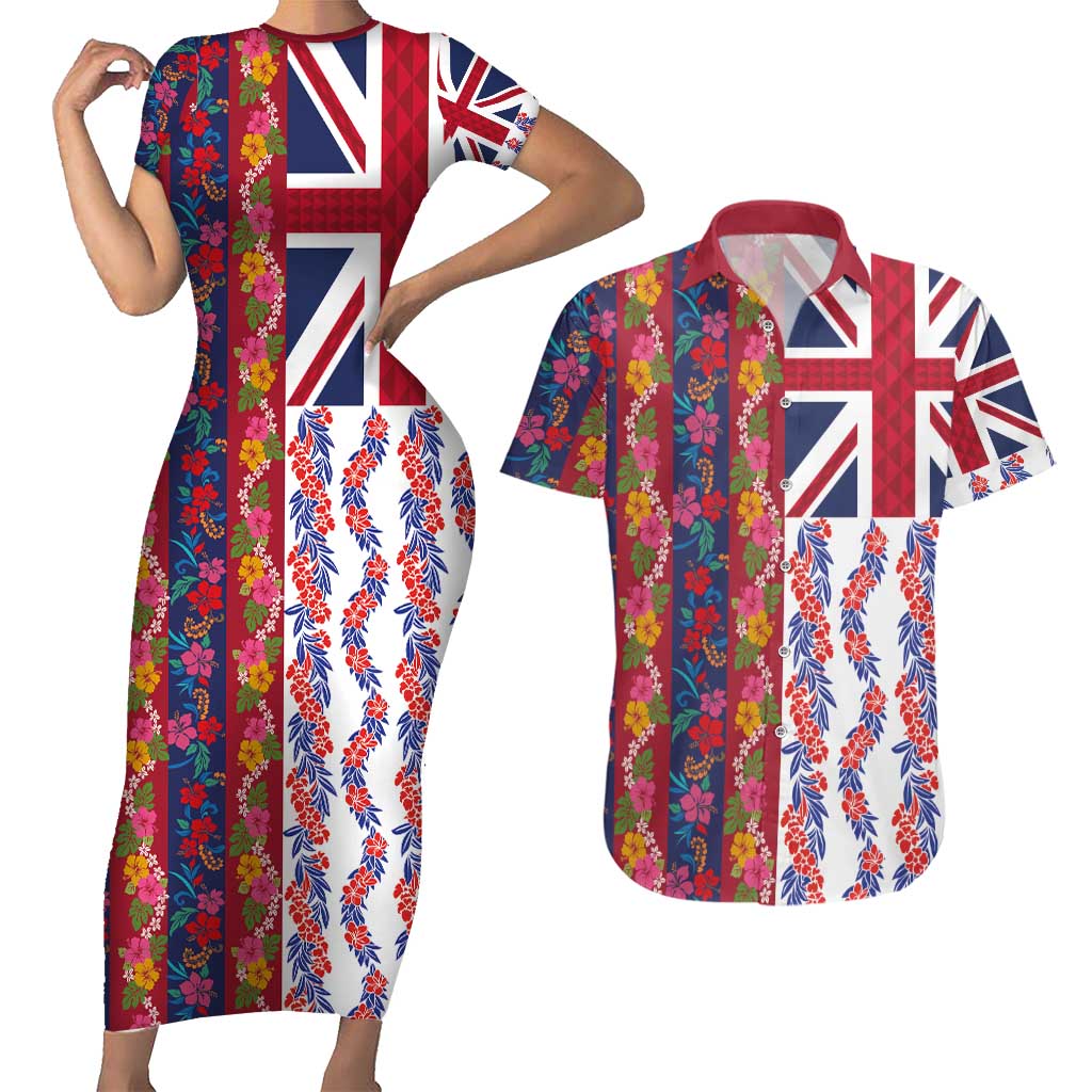 Hawaiian Lei Couples Matching Short Sleeve Bodycon Dress and Hawaiian Shirt National Flag Striped Style