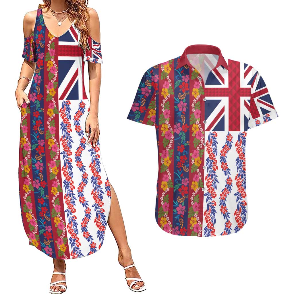 Hawaiian Lei Couples Matching Summer Maxi Dress and Hawaiian Shirt National Flag Striped Style