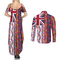 Hawaiian Lei Couples Matching Summer Maxi Dress and Long Sleeve Button Shirt National Flag Striped Style