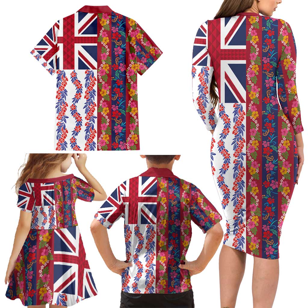 Hawaiian Lei Family Matching Long Sleeve Bodycon Dress and Hawaiian Shirt National Flag Striped Style
