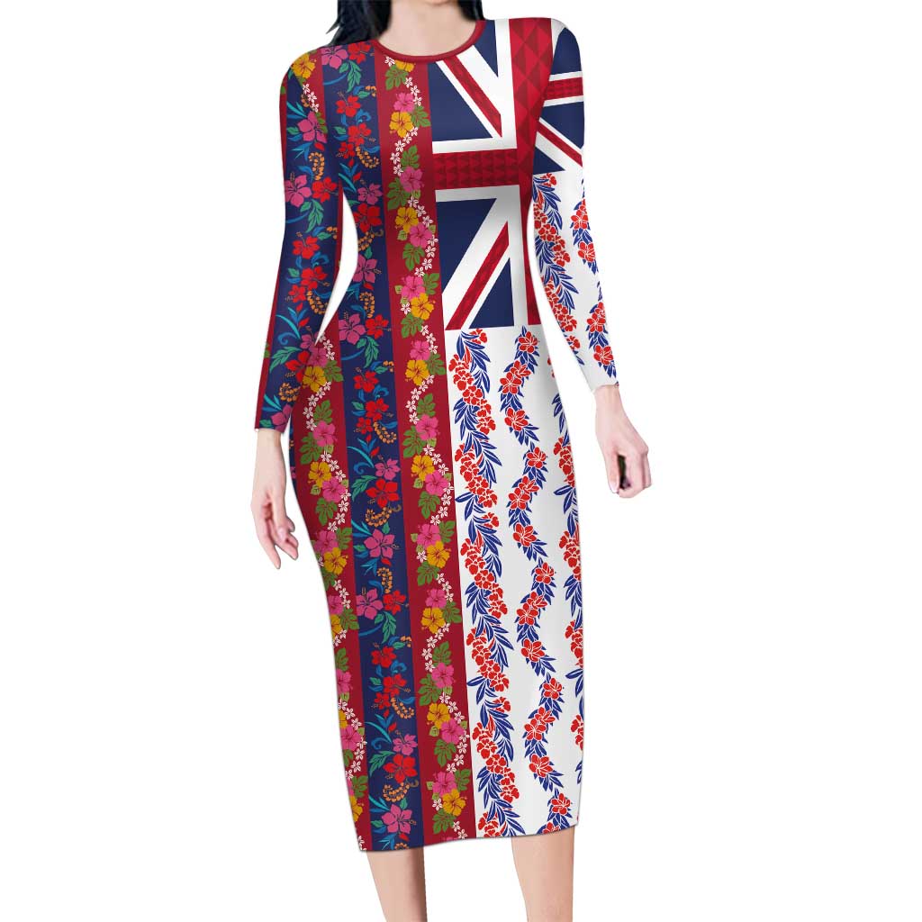 Hawaiian Lei Family Matching Long Sleeve Bodycon Dress and Hawaiian Shirt National Flag Striped Style