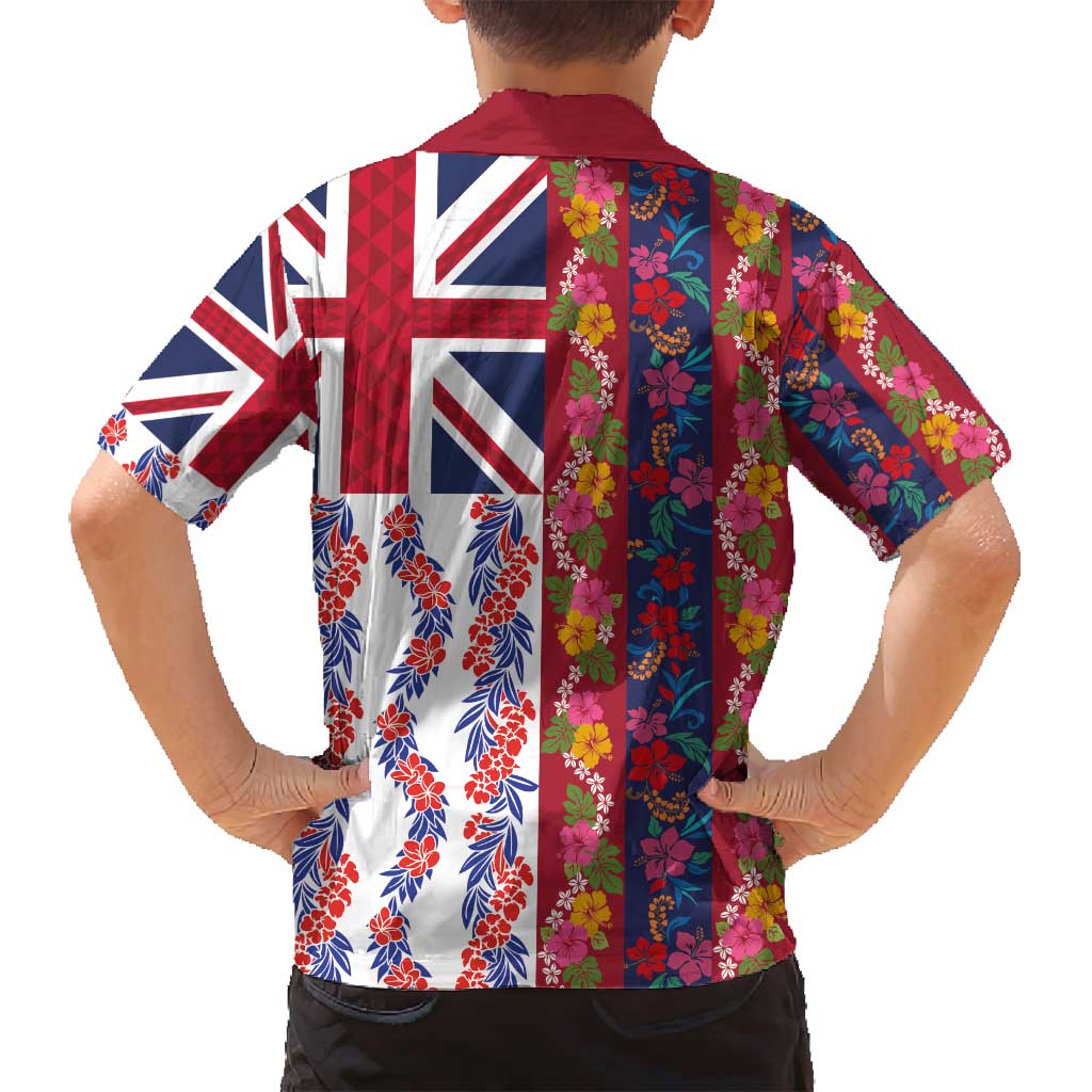 Hawaiian Lei Family Matching Off Shoulder Short Dress and Hawaiian Shirt National Flag Striped Style