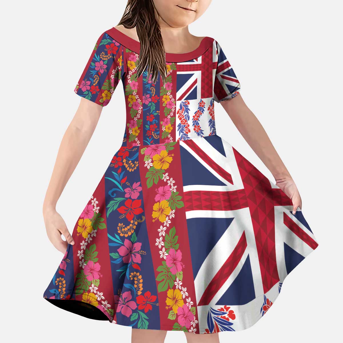 Hawaiian Lei Kid Short Sleeve Dress National Flag Striped Style LT03 KID Red - Polynesian Pride